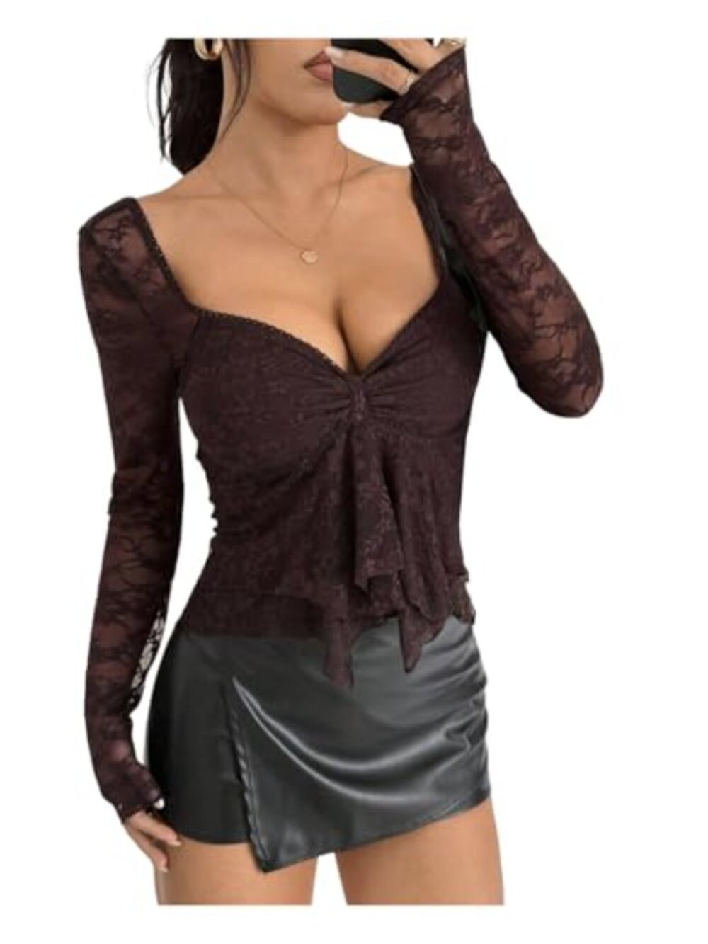 Lace Long Sleeve Sweetheart Neck Asymmetrical Hem Going Out Crop Top